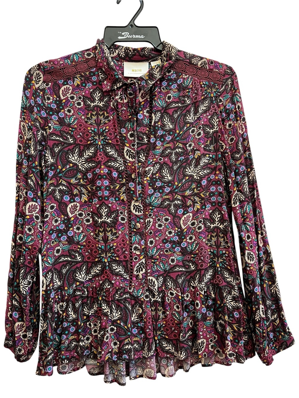 Anthropologie Maeve Janie Flounced Peplum Blouse Burgundy Floral Boho Tie Neck 6 - Picture 2 of 8